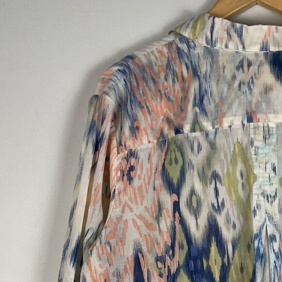 Chico's Watercolor Ikat Blue Green‎ Cotton Button Down Shirt Lightweight Size L - Picture 11 of 14